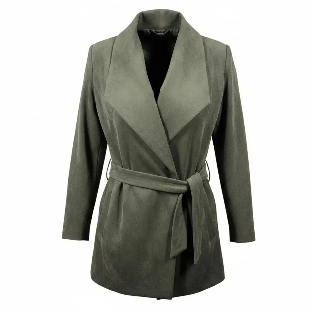 Flawless Wrap Jacket Womens XS Olive Green Faux Suede Belted Trench Coat NWT